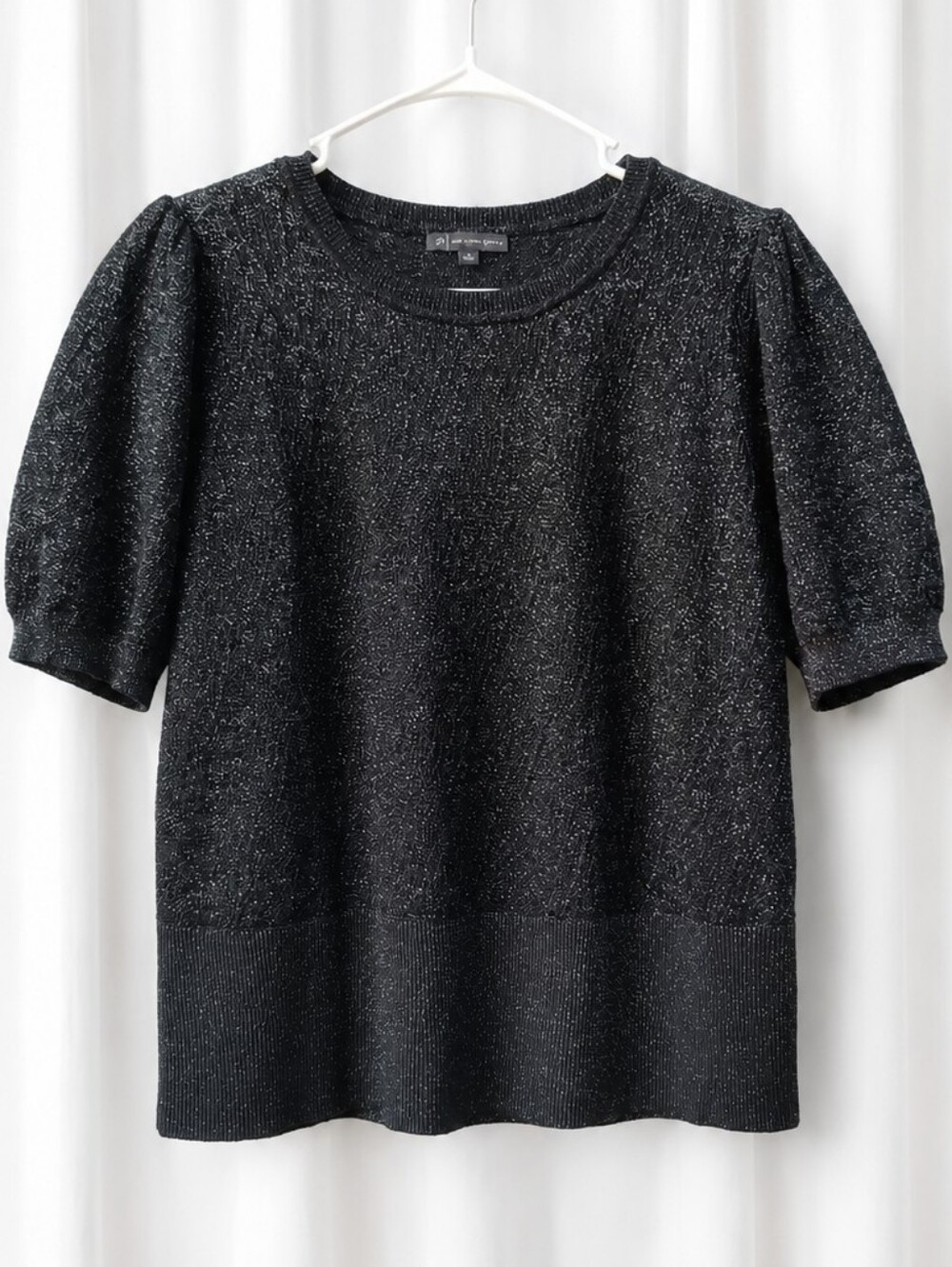 Adriana Papell Black Glitter Top Puff-Sleeve Knit Round Neck Semi Sheer Elegant